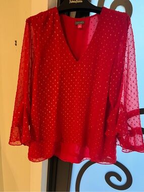 Vince Camuto Red Sheer V-Neck Blouse with Gold Dot Accents